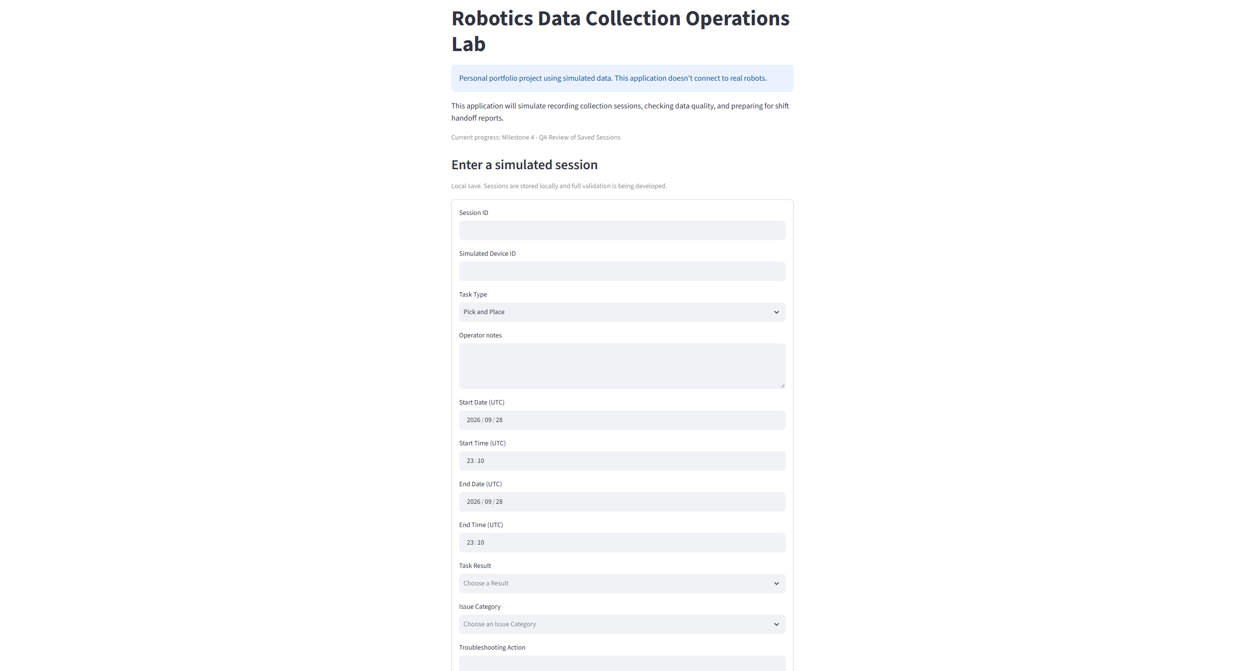 Robotics Data Collection Operations Lab data entry screen